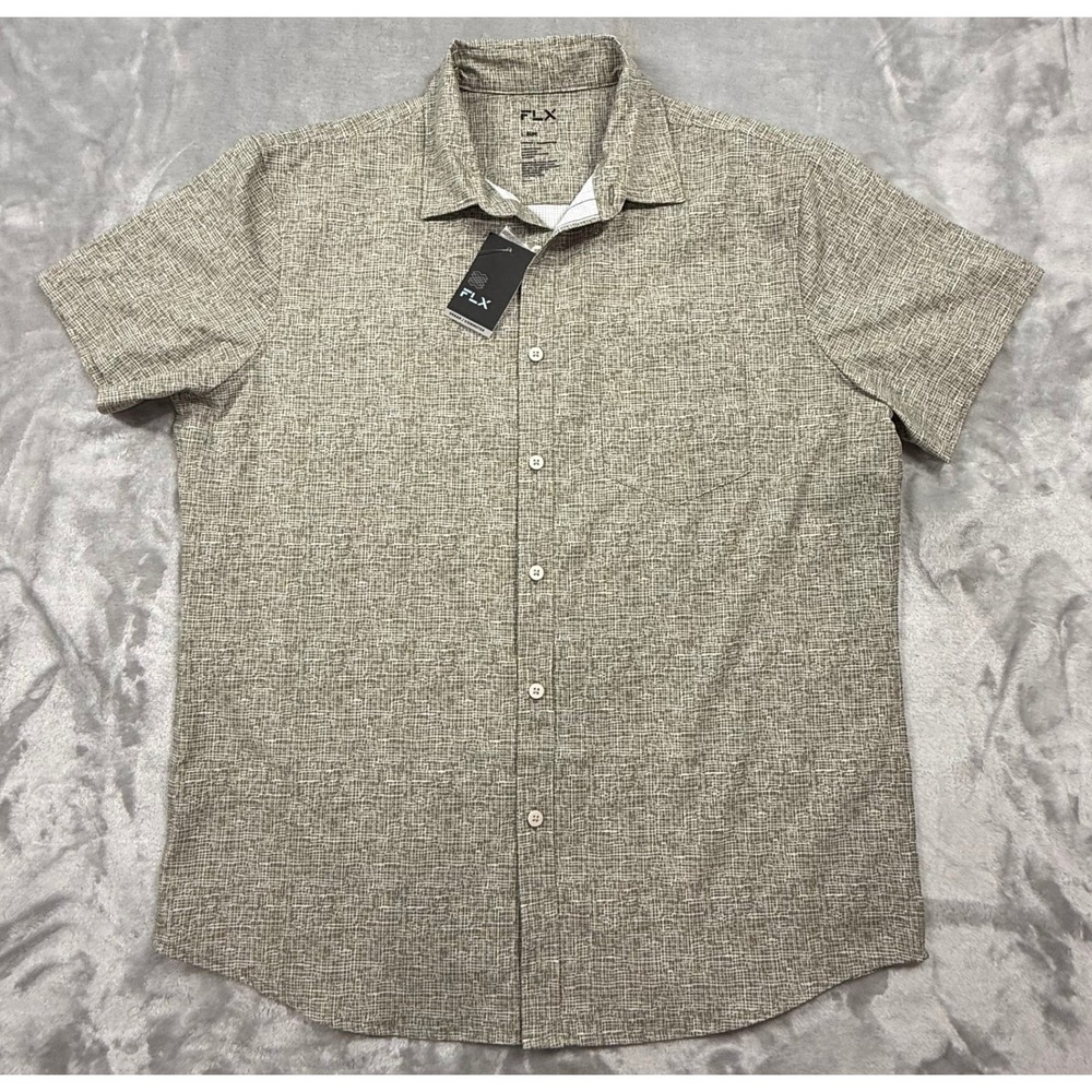 FLX Urban Commuter Button Down Shirt L Slim Beige Grid Stretch MX41W500SP NEW